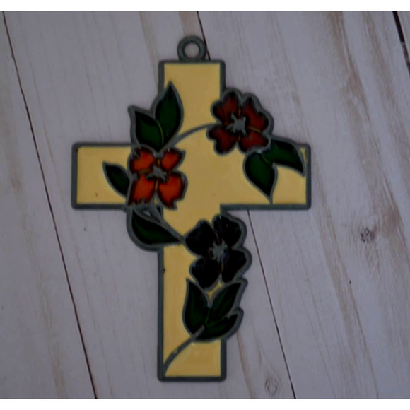 Floral Stained Glass Red Green Yellow Enamel Metal Christian Cross 4.5" - Picture 2 of 4